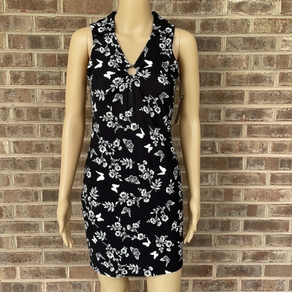 NOBO Black Collared Bodycon Dress - Floral‎ and Butterflies- S (3-5)